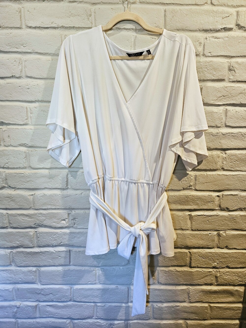 IMAN White Wrap Blouse with Optional Tie Waist and Flutter Sleeves. Plus 2X 22W